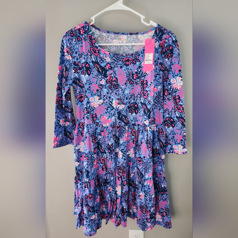 NWT Lilly Pulitzer Geanna Dress 3/4 Sleeve Birds Eye View Purple Herons Tropical